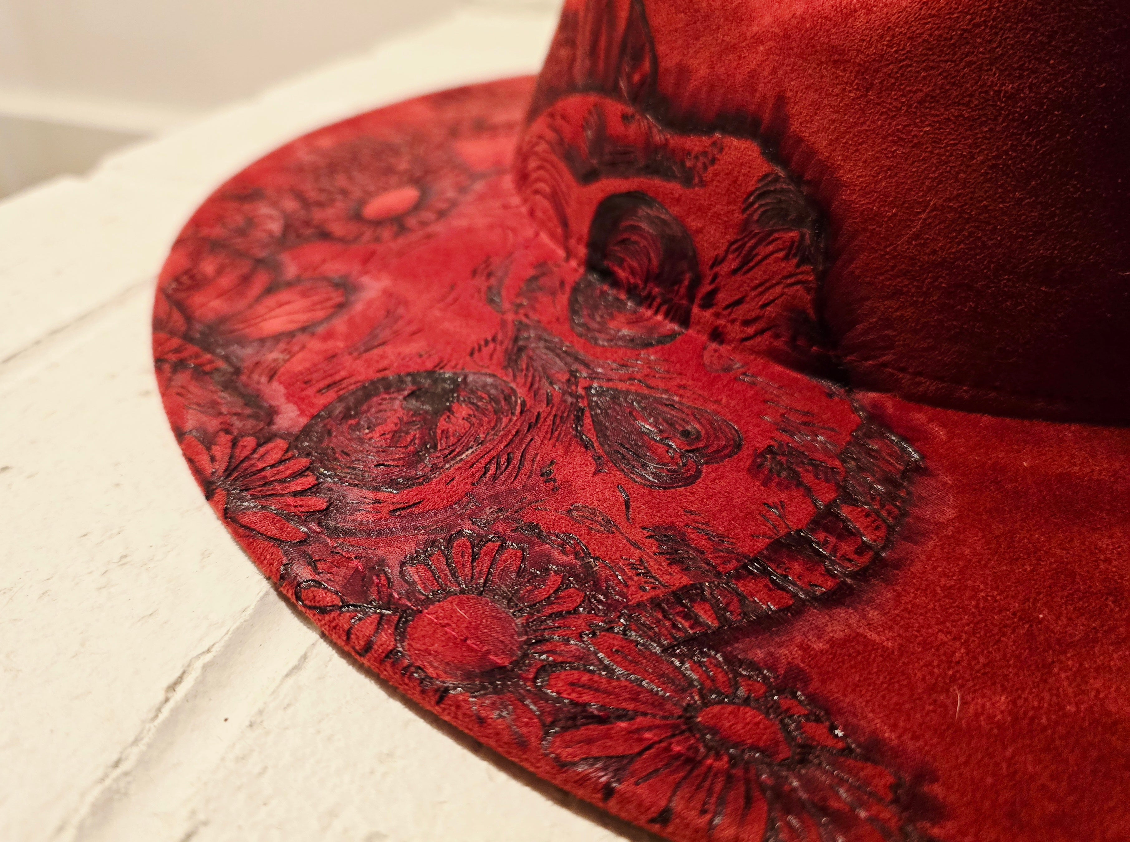 Hand-burned Red Wide Brim Fedora with Skull Design