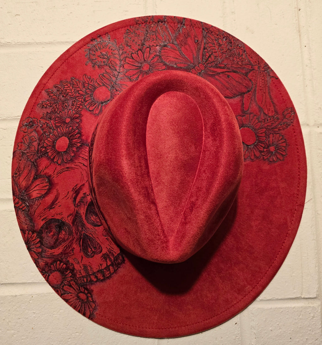Hand-burned Red Wide Brim Fedora with Skull Design