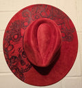 Hand-burned Red Wide Brim Fedora with Skull Design