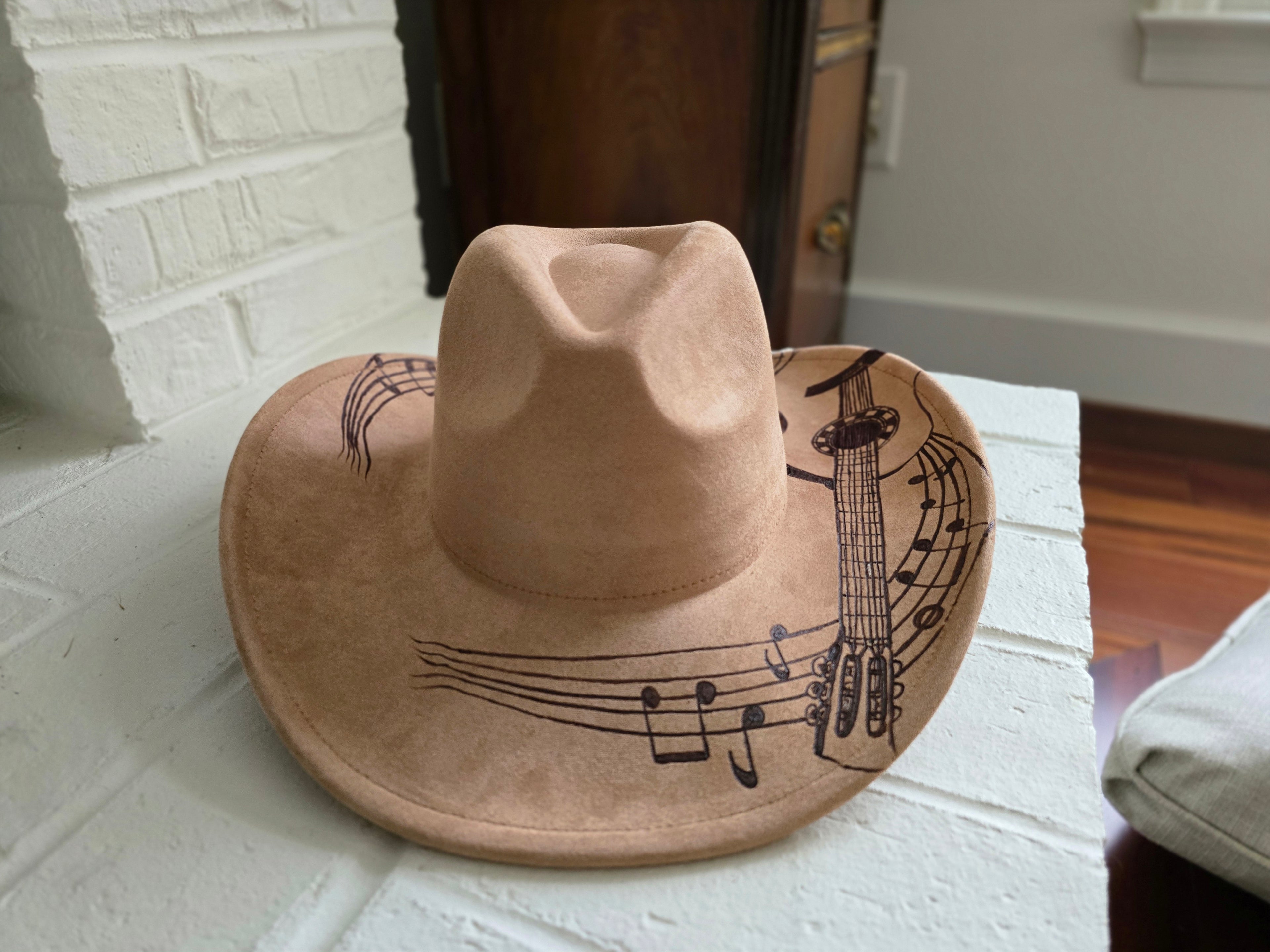 Hand-burned Cowboy Hat - Cattleman - with Guitar Design