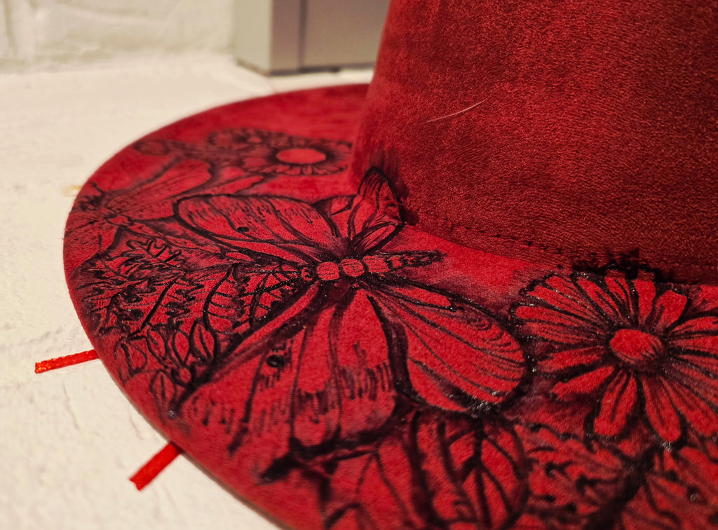 Hand-burned Red Wide Brim Fedora with Skull Design