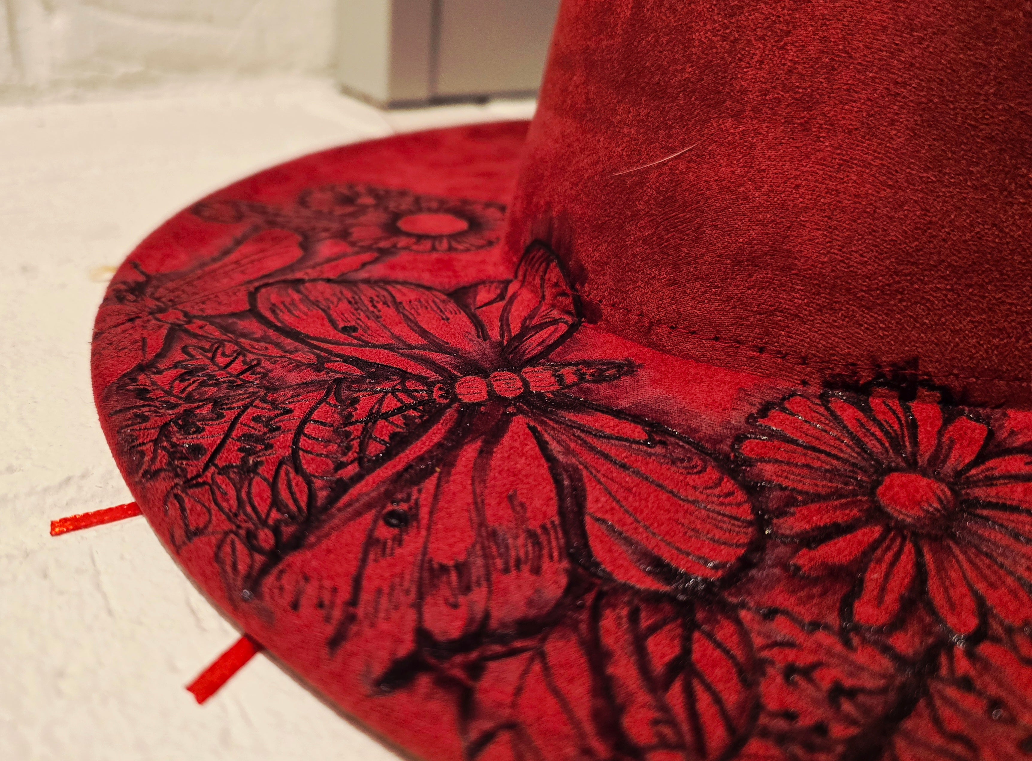 Hand-burned Red Wide Brim Fedora with Skull Design