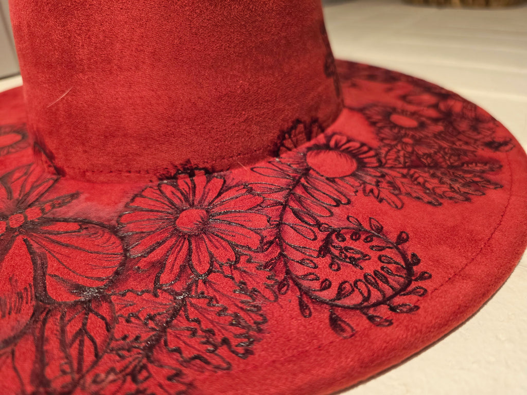 Hand-burned Red Wide Brim Fedora with Skull Design