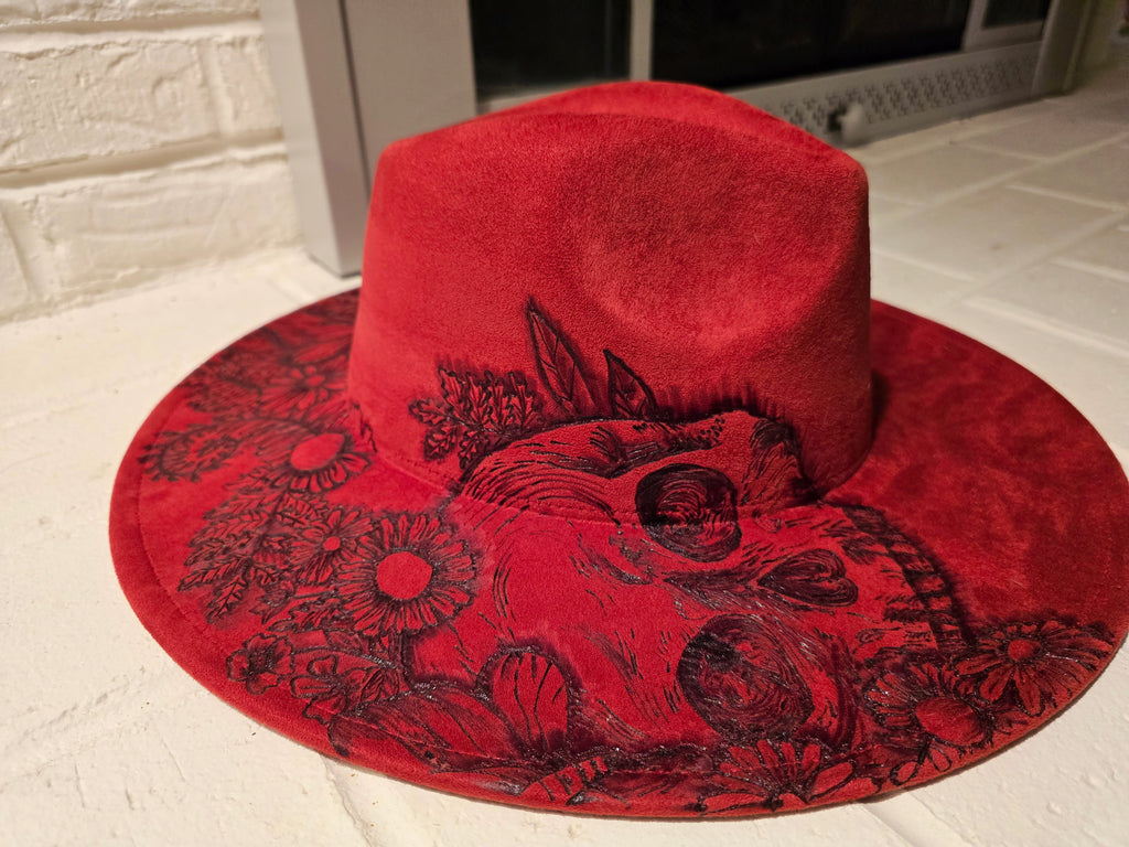 Hand-burned Red Wide Brim Fedora with Skull Design