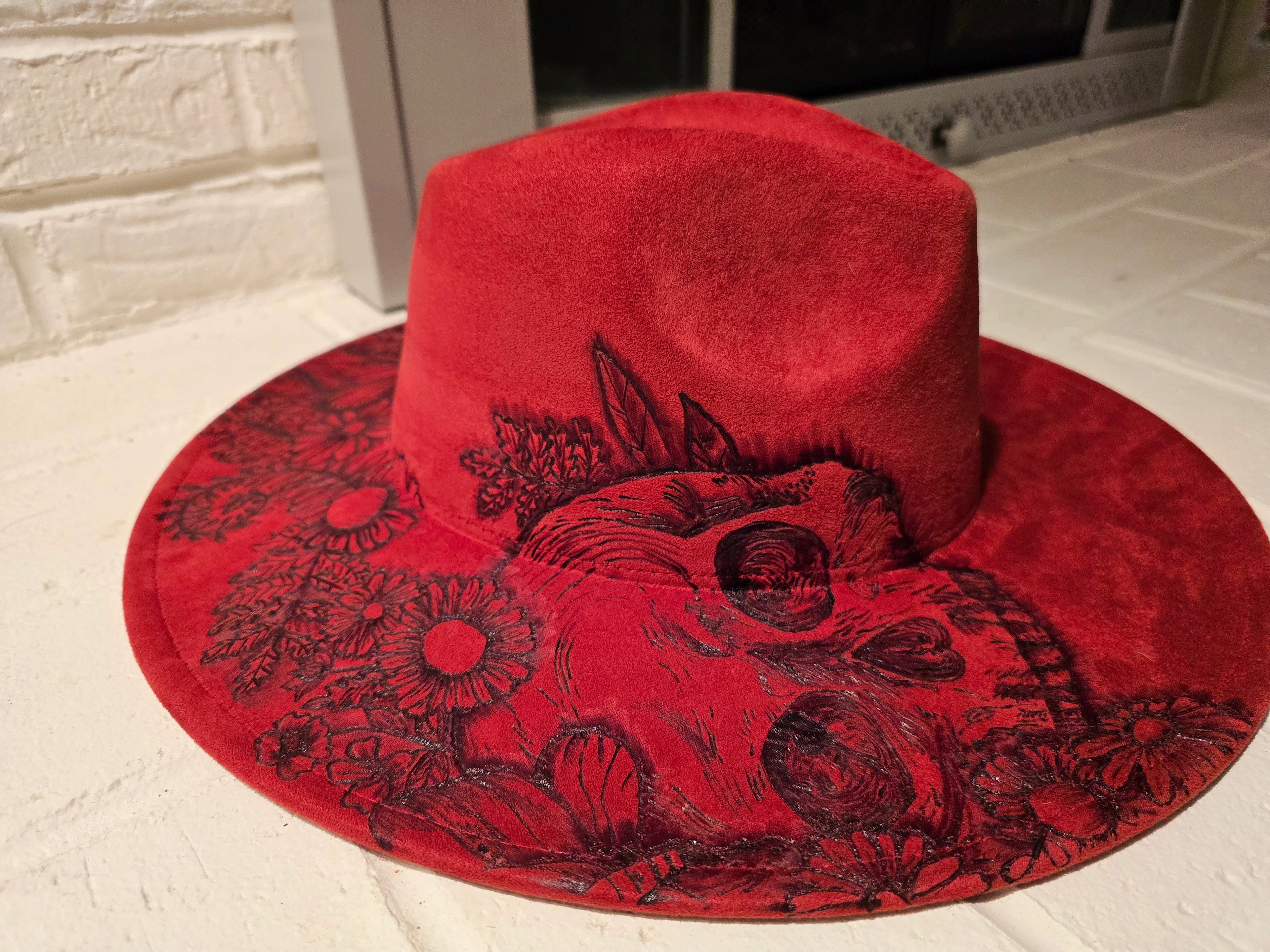 Hand-burned Red Wide Brim Fedora with Skull Design