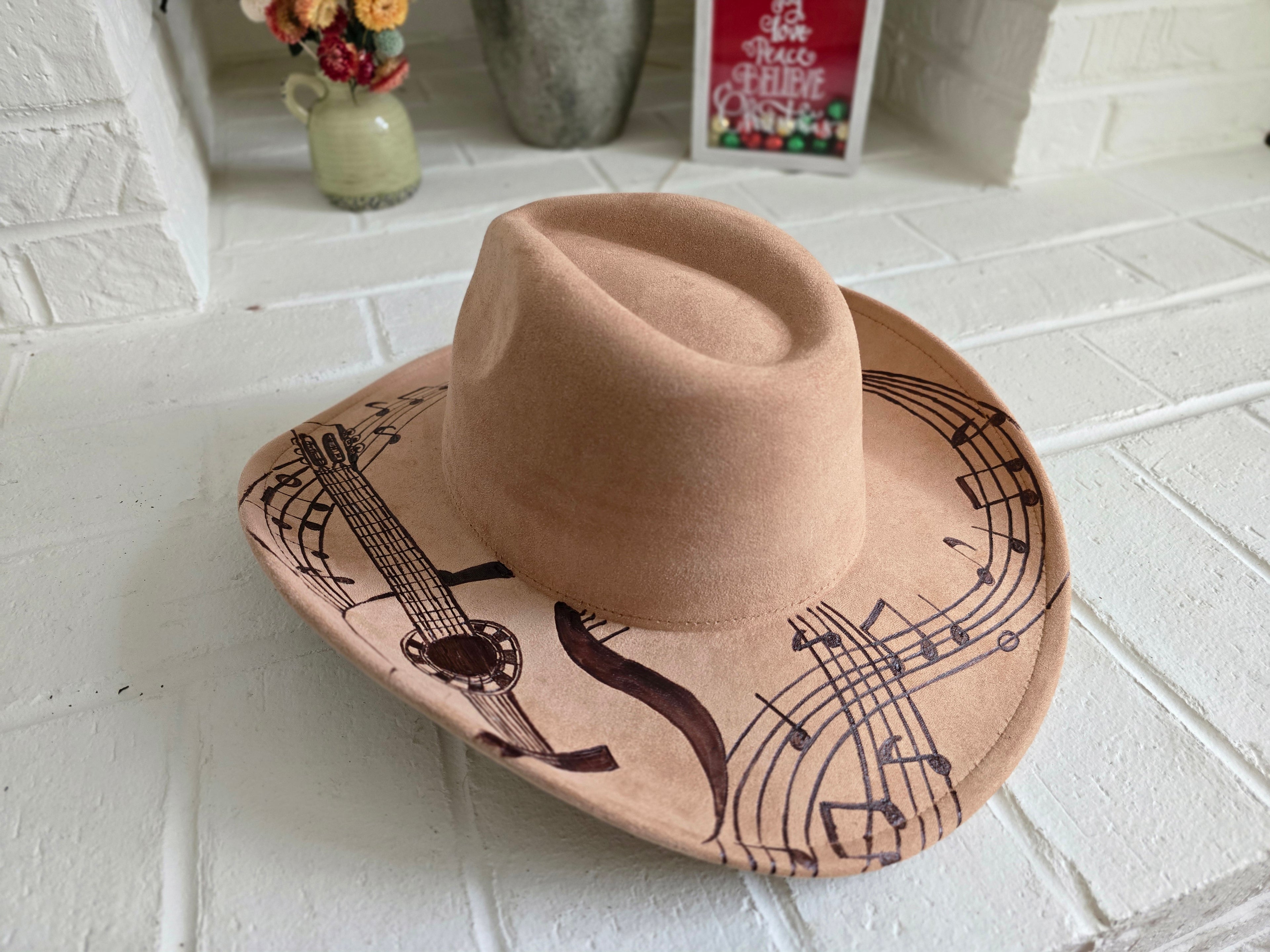 Hand-burned Cowboy Hat - Cattleman - with Guitar Design