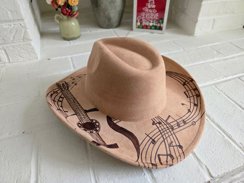 Hand-burned Cowboy Hat - Cattleman - with Guitar Design